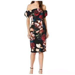 Black Halo Black Floral Off-Shoulder Midi Dress with Red and Cream Blooms